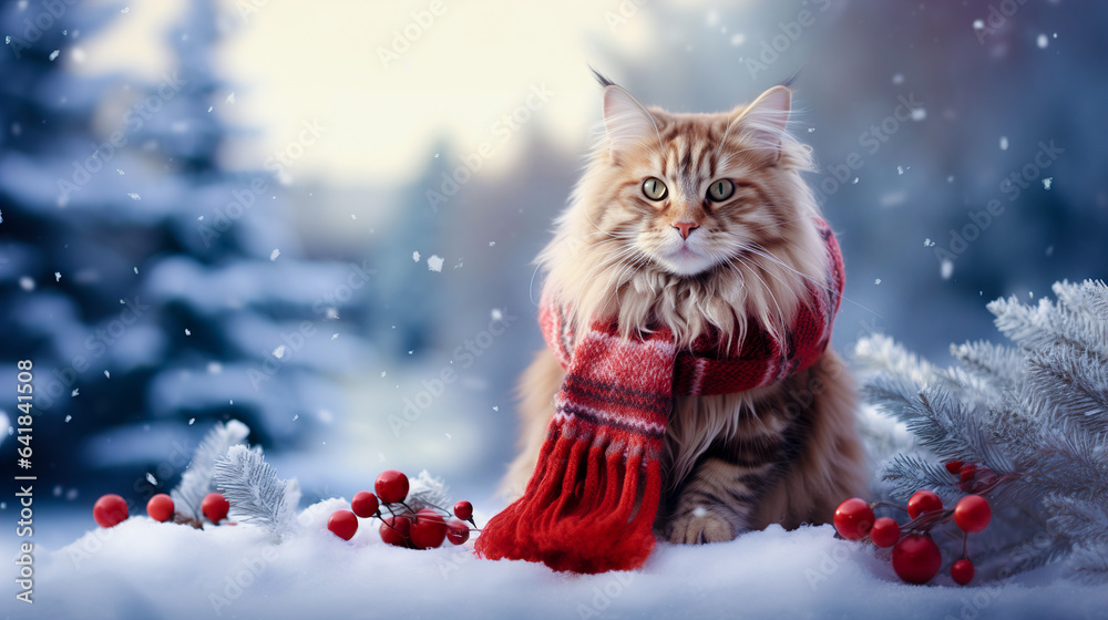 Fluffy cat in a scarf on christmas background Fluffy cat in a scarf on christmas background