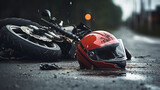 Traffic accident with a motorcycle on the road in rainy weather
