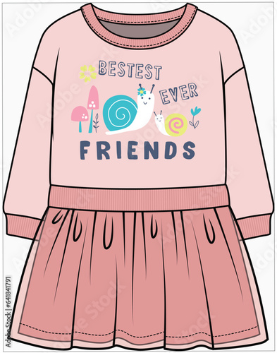 DROP SHOULDER LONG SLEEVES TULLE SKIRT SWEAT DRESS  WITH FOREVER FRIENDS TYPO GRAPHIC  DESIGNED FOR INFANT GIRL TODDLER GIRL AND BABY GIRLS IN VECTOR ILLUSTRATION