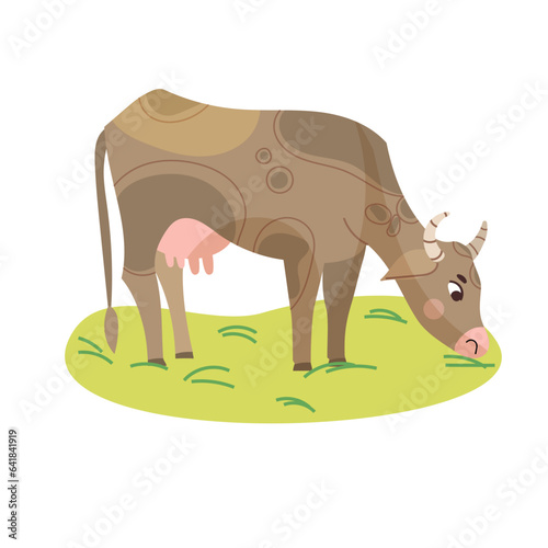 A cow grazing in a meadow, cute cow, vector cartoon illustration