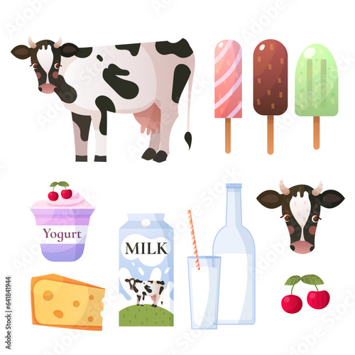 Set of dairy products and cow. Cottage cheese, yogurt, milk pakage, ice cream, vector cartoon illustration