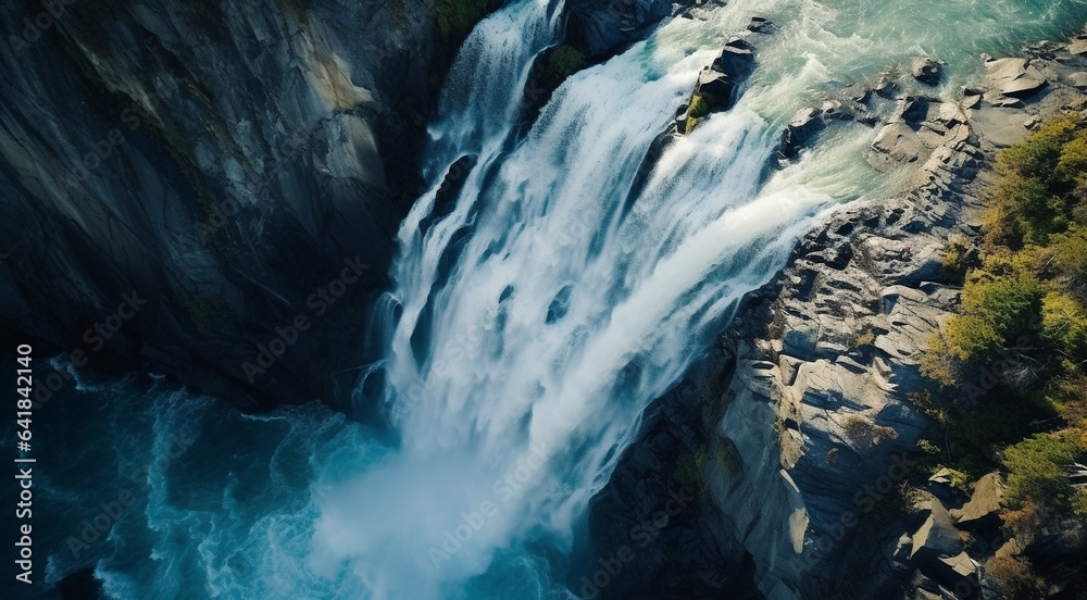 waterfall in the mountains, waterfall in the forest, waterfall scene, waterfall and rocks