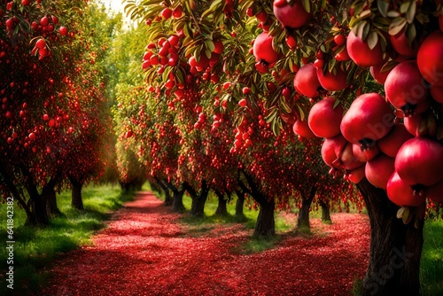 Capture the exotic charm of a pomegranate orchard as glossy leaves part to reveal the tantalizing sight of crimson fruits