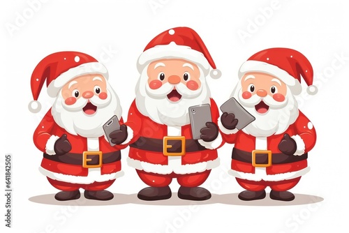 Three Santa Clauses use a smartphone to communicate © Anatolii