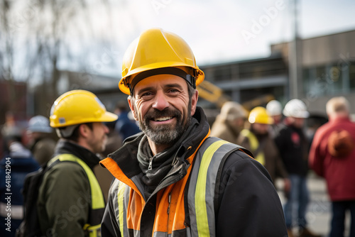 Adult smiling builder in yellow hard hat on the street