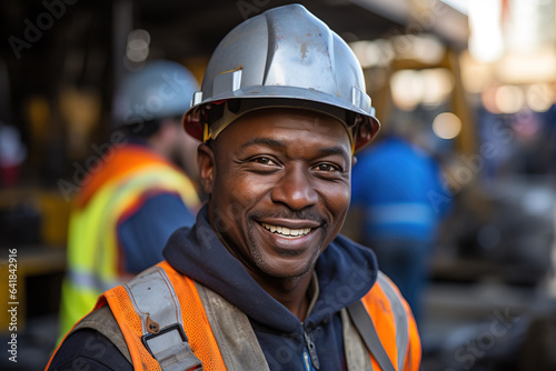 Adult smiling african american builder wearing grey hard hat on a street