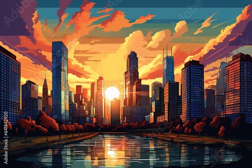 Illustration of sunrise or sunset over a modern city on a river. beautiful sunny cityscape