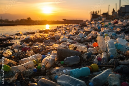 Polluted sea or ocean shore covered with garbage and plastic bottles