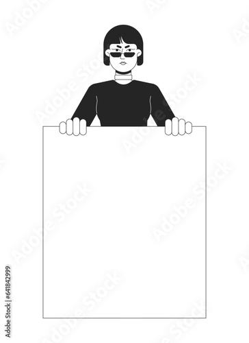 Revolutionary woman flat line black white vector character. Fight for equal rights. Protest march. Editable outline half body person. Simple cartoon isolated spot illustration for web graphic design