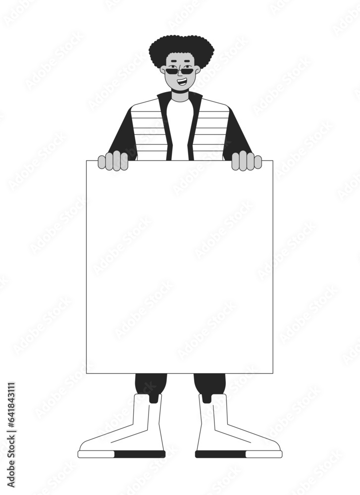 Happy black man with empty blank flat line black white vector character. Peaceful protest. March. Editable outline full body person. Simple cartoon isolated spot illustration for web graphic design