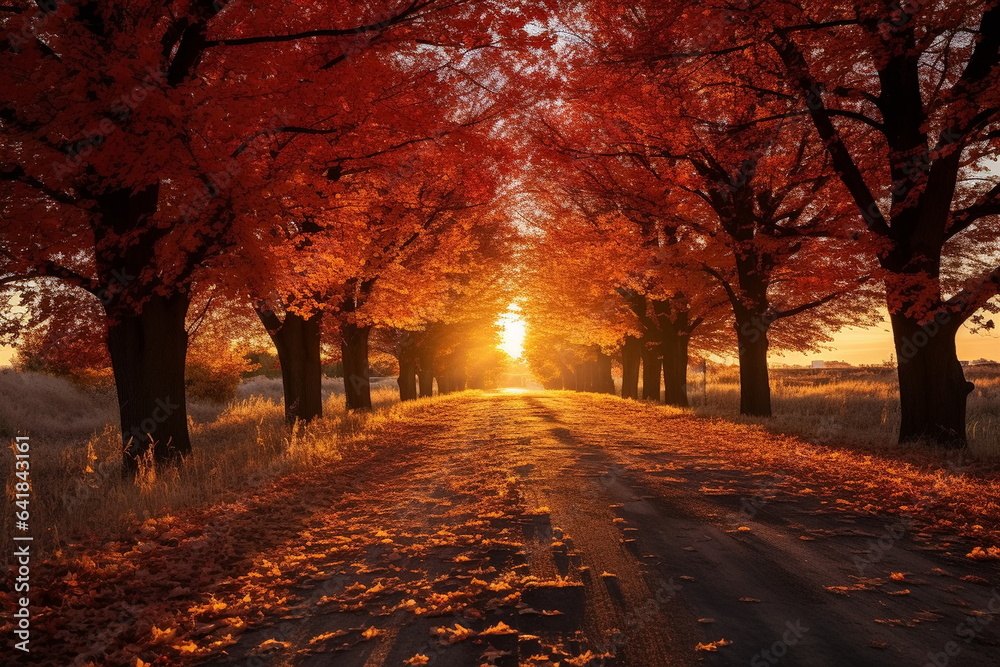 Autumn sunset  ,orange trees and colorful leaves in park
