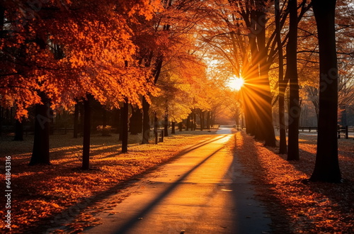 Autumn sunset beautiful landscape,sun beam ,orange trees and colorful leaves on nature ,season 