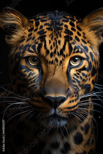 closeup of a leopard on black background, portrait photo.generative ai