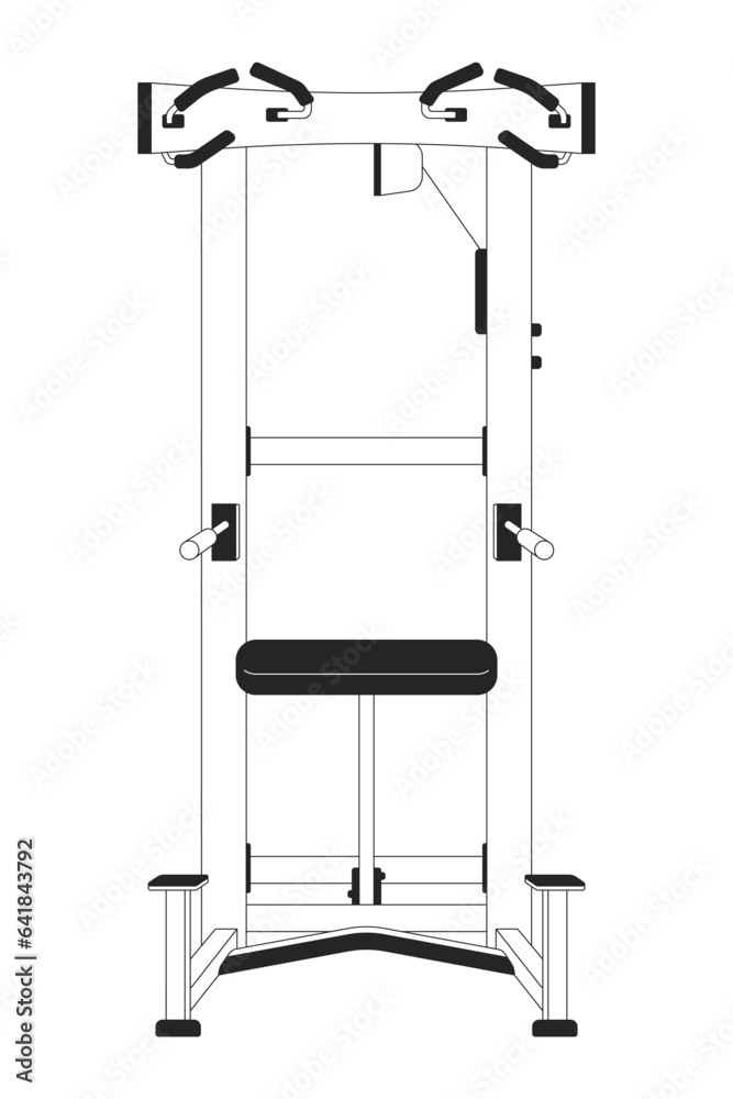 Assisted pullup machine flat monochrome isolated vector object. Gym equipment. Pull ups for upper-body strength. Editable black and white line art drawing. Simple outline spot illustration for design Assisted pullup machine flat monochrome isolated vector object. Gym equipment. Pull ups for upper-body strength. Editable black and white line art drawing. Simple outline spot illustration for design