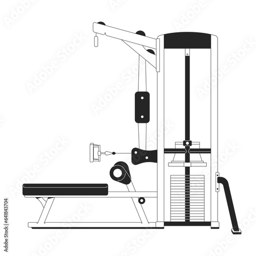Seated cable row machine flat monochrome isolated vector object. Gym equipment. Close grip. Pull weighted cable. Editable black and white line art drawing. Simple outline spot illustration for design