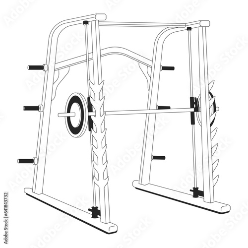 Smith machine for weight training flat monochrome isolated vector object. Weight power rack. Gym equipment. Editable black and white line art drawing. Simple outline spot illustration for web design