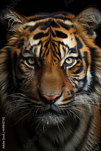 closeup of a tiger on black background  portrait photo.generative ai