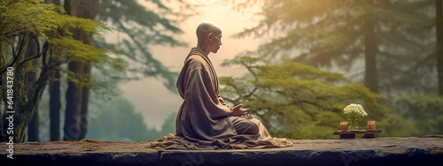meditating monk on a rock in nature, banner © edojob