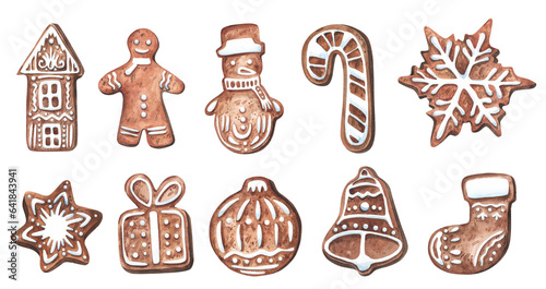 Big set of different gingerbread cookies. Watercolor illustrations of Christnmas cookies - houses, man, snowman, snowflake, heart, tree. Hand-drawn collection for Christmas or New Year decoration