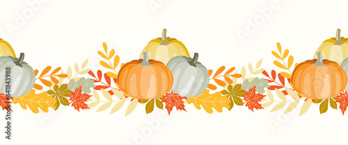 Seamless hand drawn border of Autumn pumpkins and leaves on isolated background. Background for Autumn harvest holiday, Thanksgiving, Halloween, seasonal, textile, scrapbooking, washi tape.