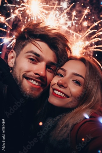 Happy and smiling couple in love celebrates new year's eve. Generative AI