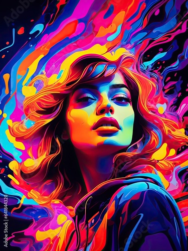 Pop Art Retro Girl Woman poster on colorful background vibrant girl woman silhoutte neon girl wallart poster cosmic dreamy hallucinating pretty sexy blonde girl poster art illustration Generative AI 