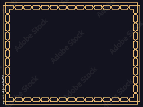 Art deco frame. Vintage linear border in gold color on a black background. Design a template for invitations, leaflets and greeting cards. The style of the 1920s - 1930s. Vector illustration