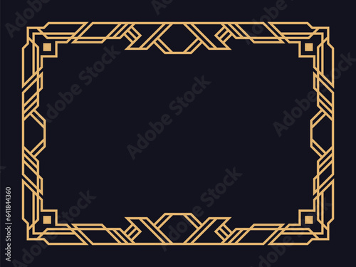 Art deco frame. Vintage linear border in gold color on a black background. Design a template for invitations, leaflets and greeting cards. The style of the 1920s - 1930s. Vector illustration