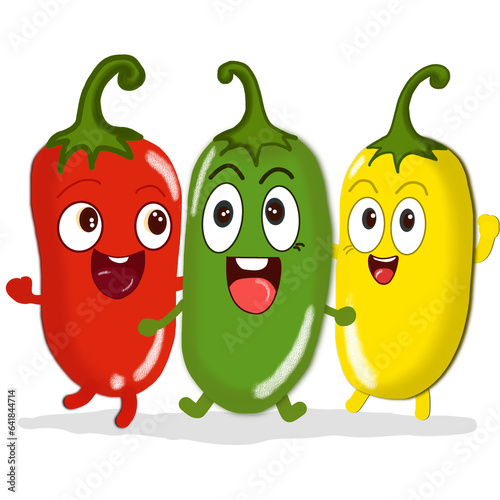 A set of cute cartoon characters from three colored bell peppers : red peppers, green peppers and yellow peppers. Collection of useful vegetables on white background Vector illustration