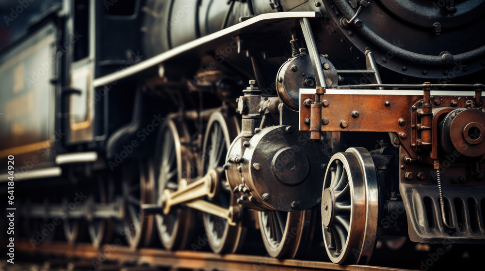 Huge black metal gear train wheel structure on the old steam engine train locomotive close up