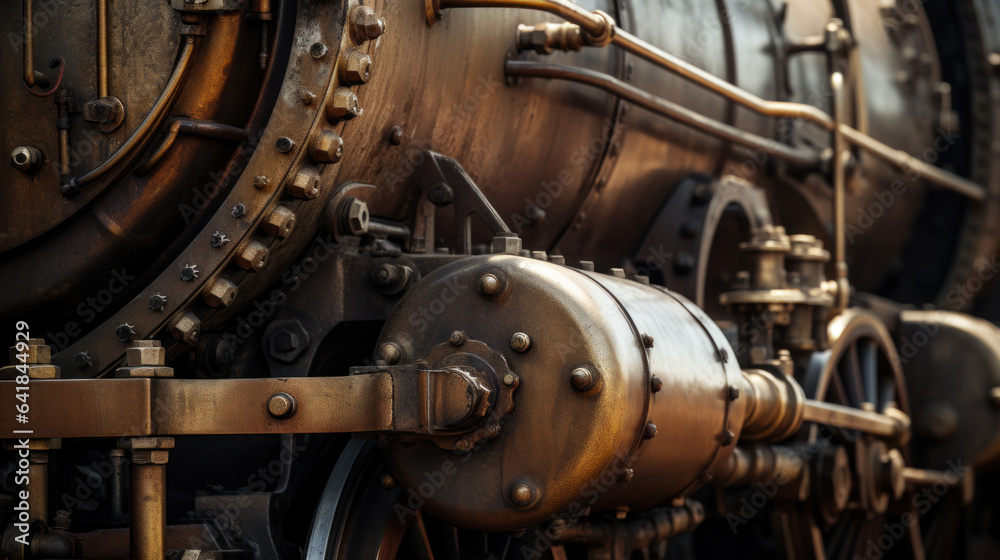 Huge black metal gear train wheel structure on the old steam engine train locomotive close up