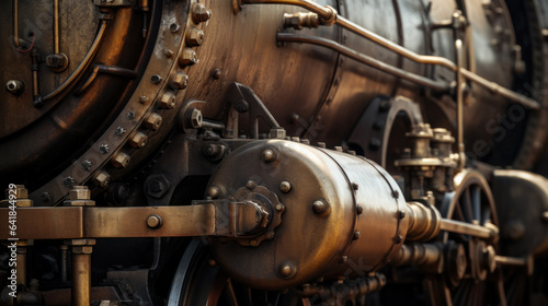 Huge black metal gear train wheel structure on the old steam engine train locomotive close up photo