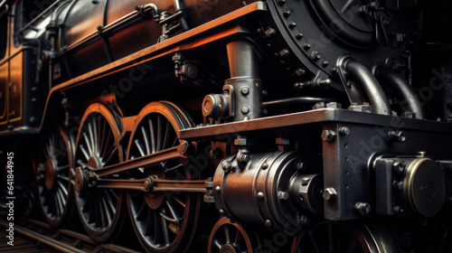 Fotografia Huge black metal gear train wheel structure on the old steam engine train locomo
