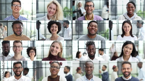 Many happy diverse ethnicity different young people group headshots in collage mosaic collection