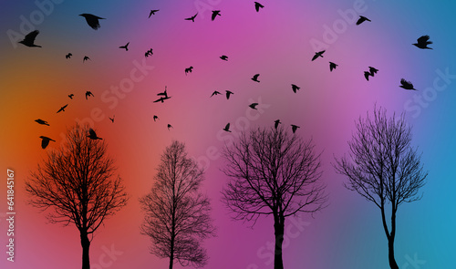 black silhouettes of flying birds and trees