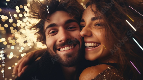 Happy and smiling couple in love celebrates new year's eve. Generative AI