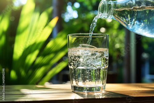 Water from bottle pouring into glass on wooden table outdoors, tropical background. illustration of healthy drink.