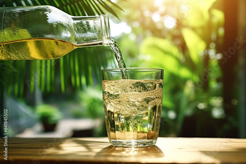 Water from bottle pouring into glass on wooden table outdoors, tropical background. illustration of healthy drink.