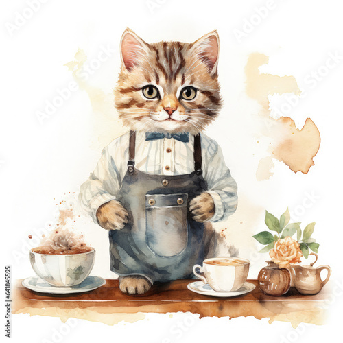 A playful watercolor Kitten with a Coffee Clipart, the adorable feline sitting on a saucer with a tiny coffee cup, its whiskers twitching with curiosity, a mischievous glint in its eyes, Generative Ai