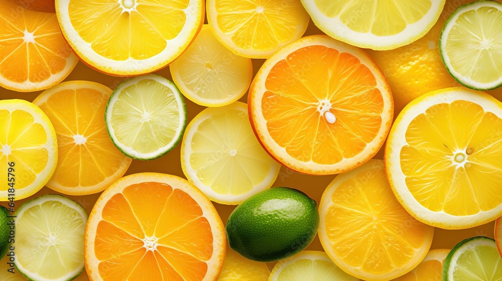  a group of citrus fruits cut in half and limes.  generative ai