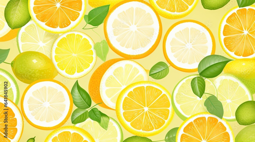  a bunch of lemons and limes on a yellow background.  generative ai