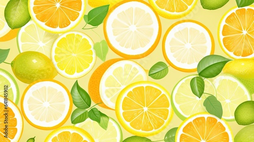  a bunch of lemons and limes on a yellow background. generative ai