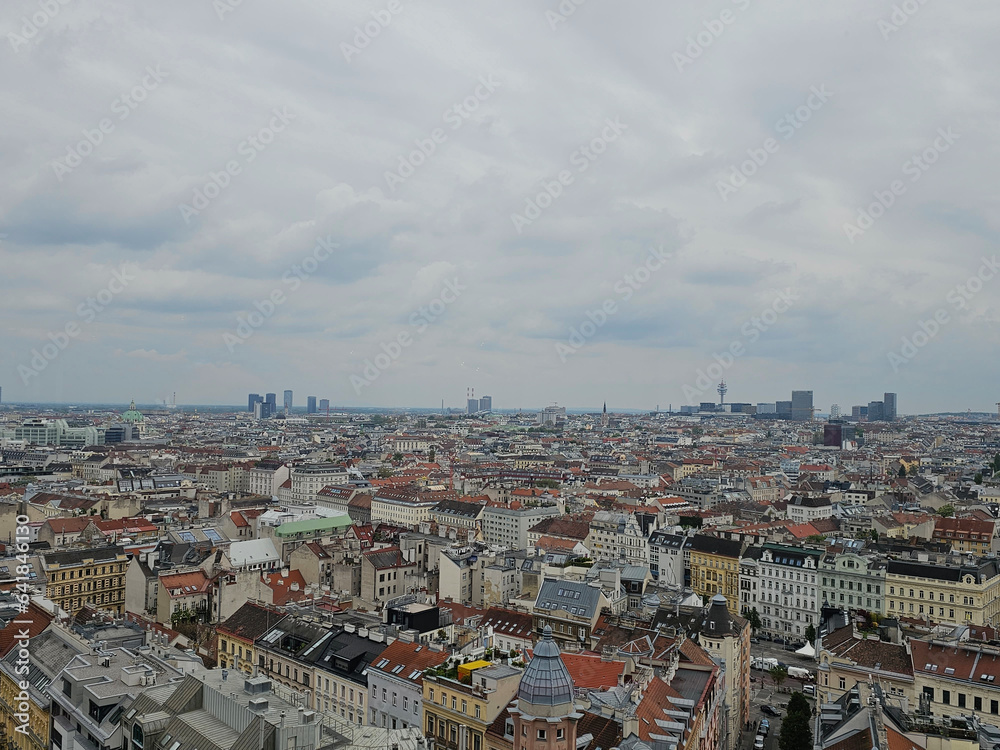 Panorama of Vienna taken on a cloudy summer day from the top of one of the WWII air defense towers, Vienna, Austria.
