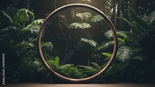 Generative AI, Empty circle wooden frame and tropical leaves on jungle background. For product display.