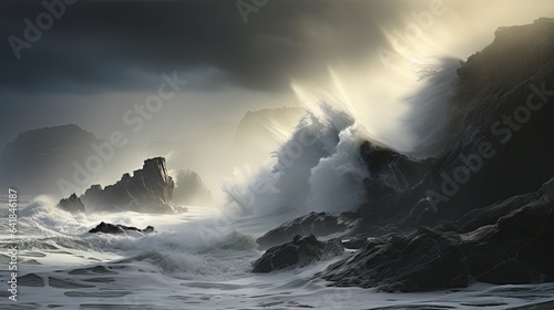  a large body of water surrounded by rocky coastlines under a cloudy sky. generative ai