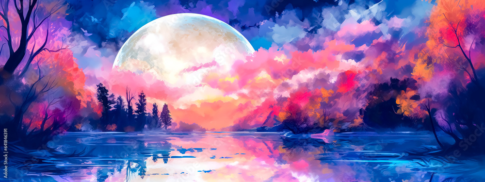 the moon rises over the landscape, the picture is drawn with watercolors, banner
