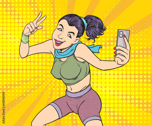 Selfie, A young woman uses a mobile phone to take pictures of herself. Pop art hand drawn style vector design illustrations.
