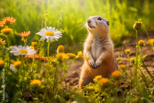 Prairie dog in wildlife. Cute prairie dog on summer field with flowers.