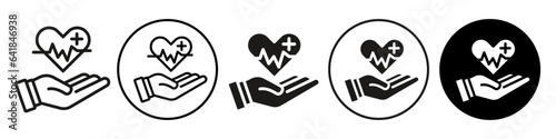 Health care icon. Urgent cardio ecg checking monitor symbol. Flat vector set of medical heart beat or pulse measuring with hand. Outline logo sign of doctor with cardiac arrest patient first aid care