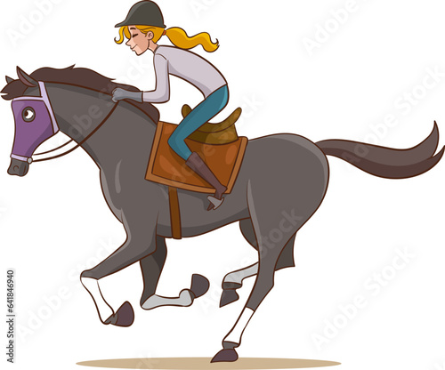 Illustration of a woman riding a horse on a white background.